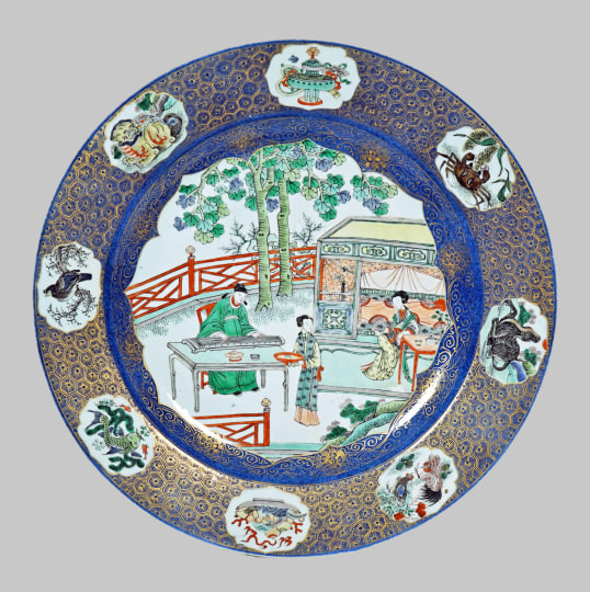 Fine Chinese Powder Blue and Famille Verte Porcelain Plate
