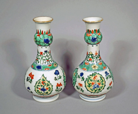 Pair of Chinese Famille Verte Porcelain Garlic Mouth Vases