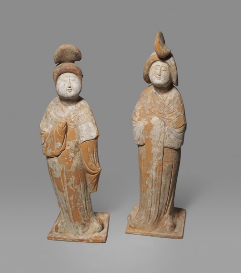 Pair of Chinese Unglazed Pottery Court Ladies