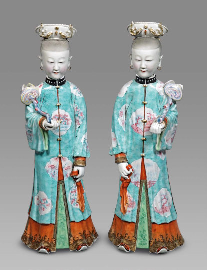 Rare and Superb Pair of Chinese Famille Rose Porcelain Nodding Head Figures