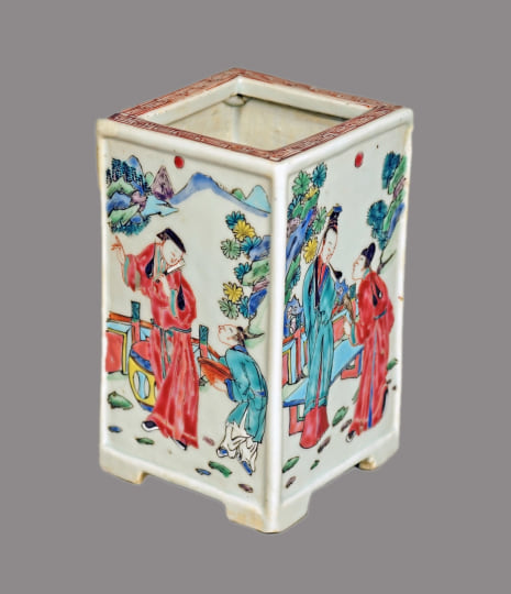 Chinese Famille Rose Quadrangular Porcelain Brush Pot