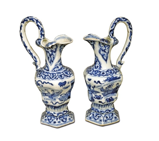 Pair of Chinese Export Blue and White Porcelain Ewers