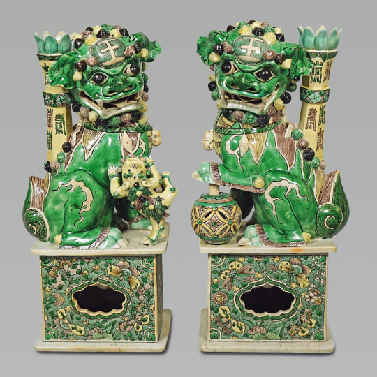 Pair of Large Chinese Verte Glazed Biscuit Porcelain Fu Lions