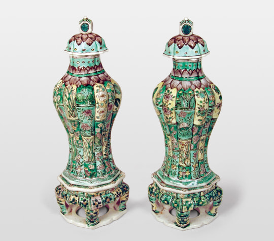 Pair of Chinese Famille Verte Porcelain Bamboo Form Vases and Covers with Porcelain Stands