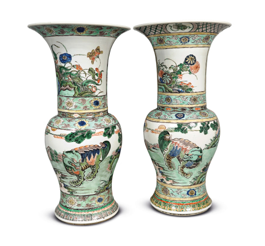 Pair of Chinese Famille Verte Porcelain Phoenix Tail Vases