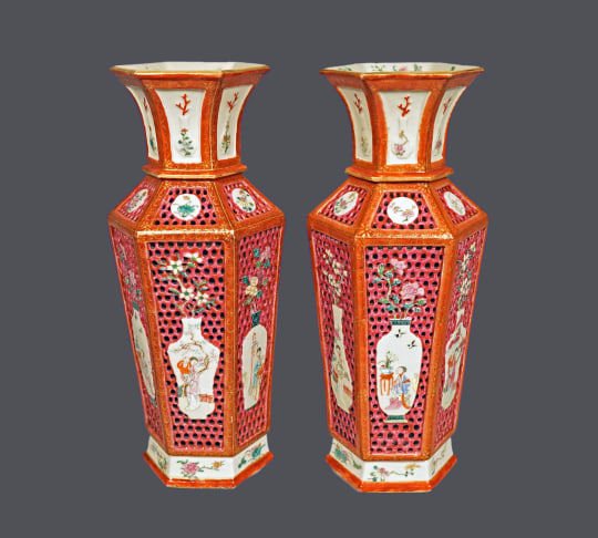 Pair of Chinese Famille Rose Openwork Porcelain Vases