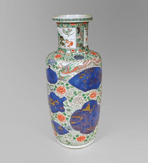 Chinese Famille Verte and Powder Blue Porcelain Rouleau Vase