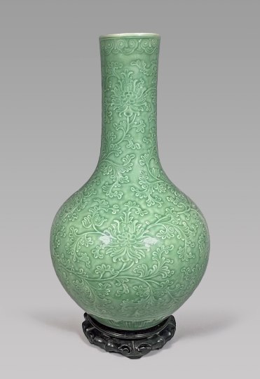 Large Chinese Carved Celadon Glazed Porcelain Bottle Vase