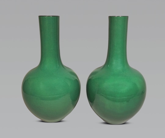 Fine Pair of Large Green Glazed Porcelain Bottle Vases