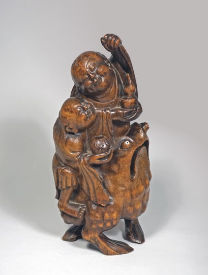 Chinese Bamboo Carving of the Hehe Erxian Happiness Twins Riding upon a Three-Legged Toad