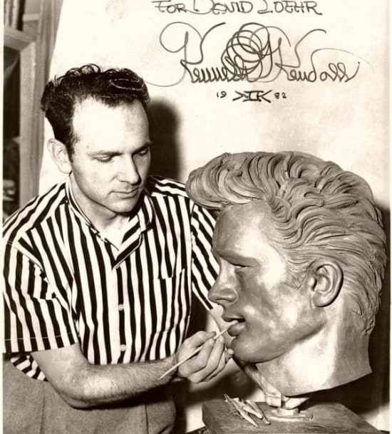 Kenneth Kendall with his bust of James Dean, 1956