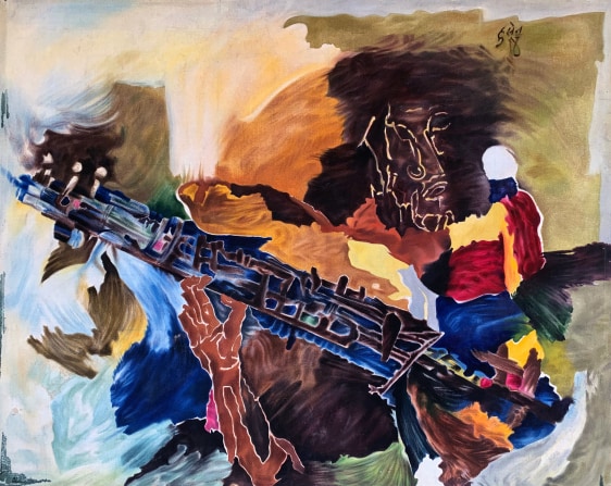 M. F. Husain Untitled (Sarod Player), c. 1970 Oil on canvas 39.75 x 49 in.