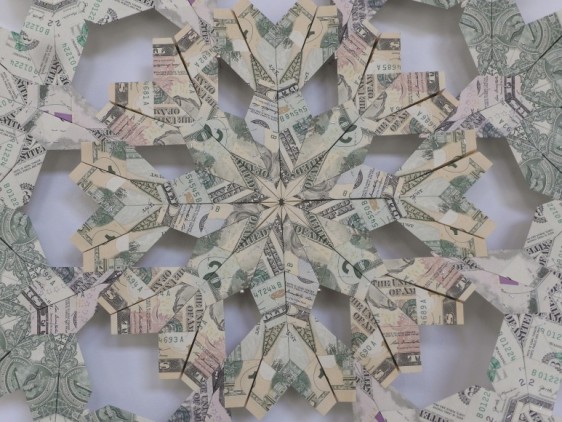 Abdullah M. I. Syed Flying Rug &ndash; Z1 (Detail) 2019 Hand-folded uncirculated U.S. banknotes and staple pins 40 x 27 in.