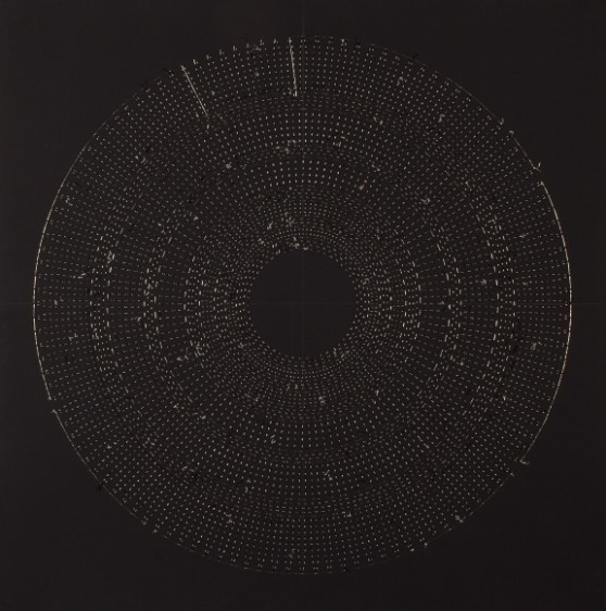 Anila Quayyum Agha Circle The Kaaba (Chartreuse) 2016 Mixed media on paper (Black and chartreuse beads and embroidery on black paper) 29 x 29 in.