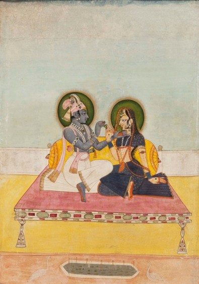 Indian Miniature KRISHNA AND RADHA EXCHANGING BETEL c. 1800 Opaque pigment on paper 12.5 x 8.5 in