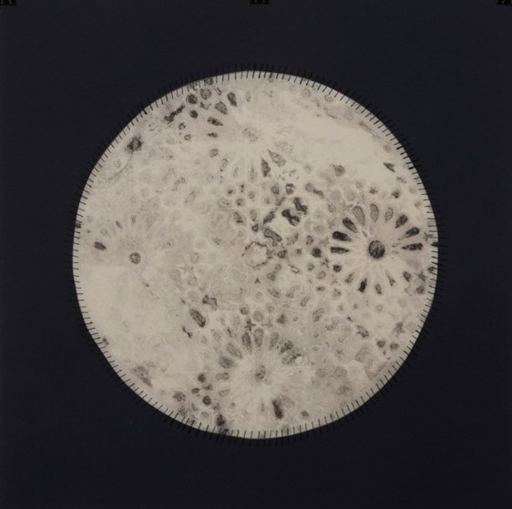 Anila Quayyum Agha Regeneration VI 2012 Mixed media on paper (Encaustic, ink, graphite, charcoal, and embroidery on paper) 22 x 22 in.  Inquire