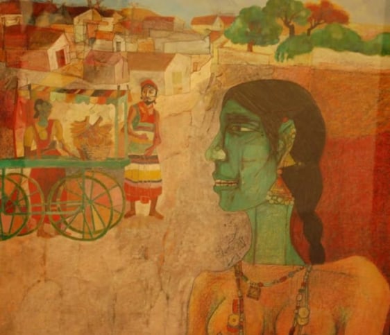 Laxma Goud GREEN HEAD, WOMAN &amp; VILLAGE BACKGROUND 1988 Gouache, on crayon on board 21.75 x 22.25 in.