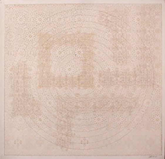 Anila Quayyum Agha Shimmering Memories - 1 Mixed media on paper (Laser-cut patterns on paper with mylar, embroidery and beads) 39.5 x 39.5 in.