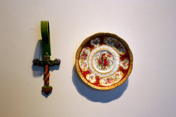 Adeela Suleman THANK YOU FOR YOUR SERVICE 2 2014 Found porcelain plate with enamel paint and hand-painted dagger Plate: 5.5 x 5.5 in. / Dagger: 7 x 2.5 x 4 in.