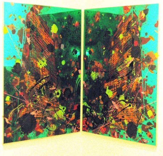 John Jurayj UNTITLED (MIRROR IMAGE, #36) Oil, enamel and gun powder on green colored plexiglass 48 x 72 in. (DIPTYCH)  NFS