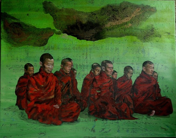 G.R. Iranna GREEN MONKS 2012 Acrylic on canvas 52 x 66 in.