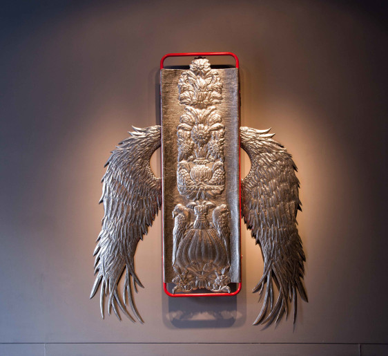 Adeela Suleman FALLING DOWN AGAIN (Ed. 2/2) 2012 Hand-beaten stainless steel, iron and powdered paint 82 x 64 x 5 in.