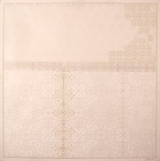 Anila Quayyum Agha  Shimmering Memories - 2 2016 Mixed media on paper (Laser-cut patterns on paper with mylar, embroidery and beads)  40 x 40 in.