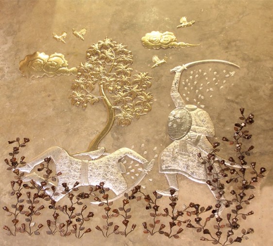 Adeela Suleman MUBARIZUN - NO MORE SERIES 1 2014 Hand-beaten stainless steel, iron and brass 110 x 108 in.