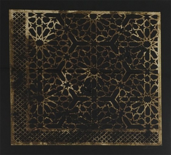 Anila Quayyum Agha Intersections - Black 1 2016 Mixed media on paper (Marbled and encaustic, laser-cut pattern on paper with embroidery)  27.5 x 27 in.