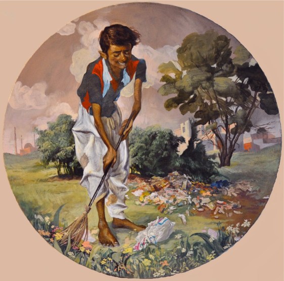 Salman Toor THE HAPPY SWEEPER 2013 Oil on canvas Dia: 24 in.