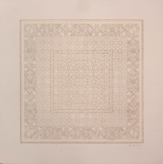 Anila Quayyum Agha Walking Amongst the Bloms 2016 Mixed media on paper (Laser-cut patterns on paper with mylar, embroidery andbeads)  25.5 x 25.5 in.