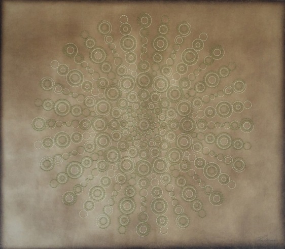 Anila Quayyum Agha Illuminations - Green 2016 Mixed media on paper (Green and white thread with green and light green beads on brown Korean hand-made paper) 36  x 41.5 in.