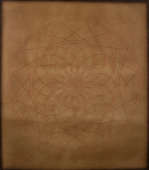 Anila Quayyum Agha Impossible Memories 2016 Mixed media on paper (Red and gold thread on brown Korean hand-made paper) 40 x 36 in.