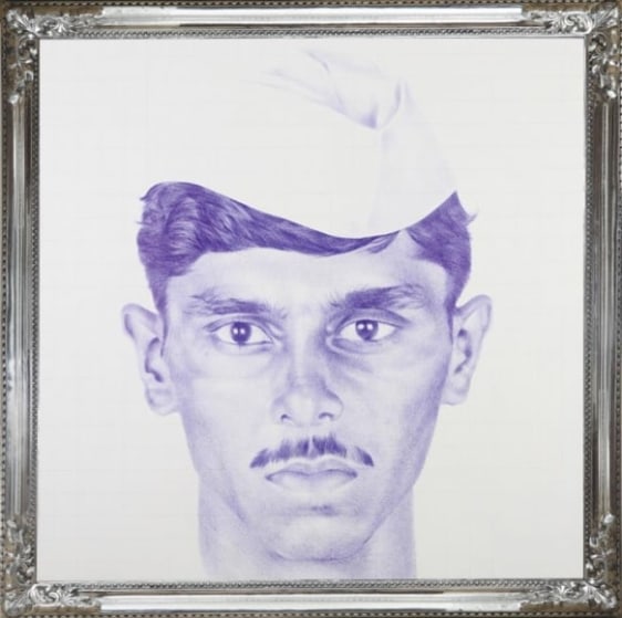 MUMBAIYA 2008 Ballpoint pen, drawing on silk canvas, cine-screen and aluminum 80 x 80 in.