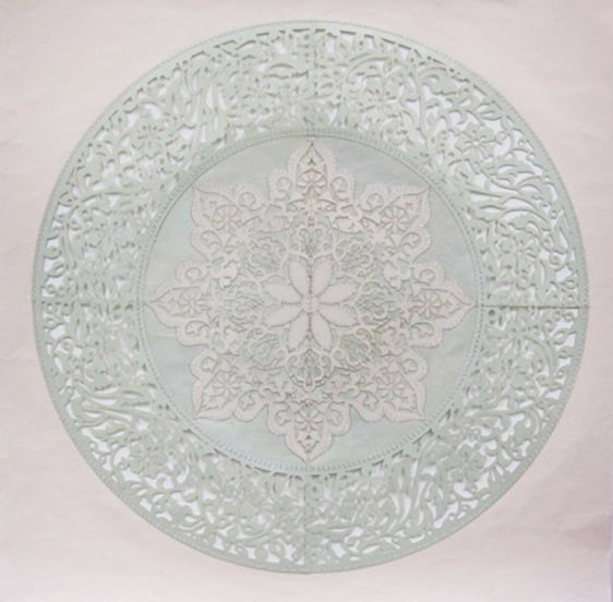 Anila Quayyum Agha All the Flowers Are For Me (Mint) 2015 Mixed media on paper (Encaustic, laser-cut paper and embroidery) 30 x 30 in.