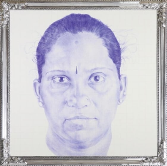 BOMBAIYA 2008 Ballpoint pen, drawing on silk canvas, cine-screen and aluminum 80 x 80 in.
