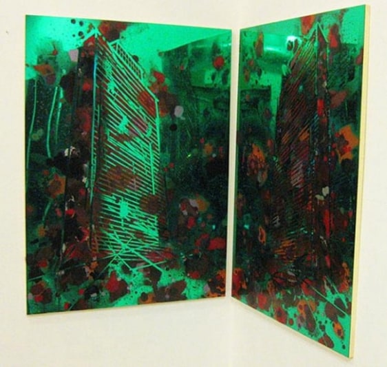 John Jurayj UNTITLED (MIRROR IMAGE, #36) Oil, enamel and gun powder on green colored plexiglass 48 x 72 in. (DIPTYCH)  NFS
