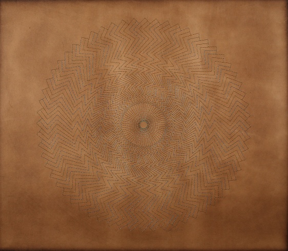 Anila Quayyum Agha Skin VII 2016 Mixed media on paper (Turquoise and emerald thread with gold and turquoise beads on brown Korean hand-made paper) 36 x 40 in