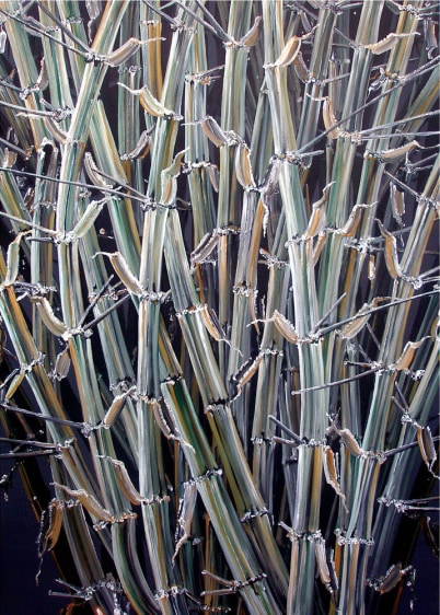 acrylic painting of large bamboo plants with a black background