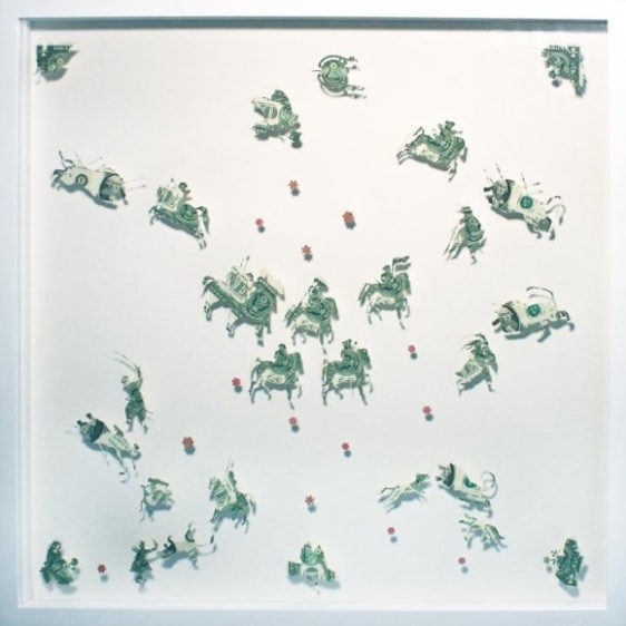 Abdullah M. I. Syed ASSEMBLY I: THE HUNTING SEASON 2013 Hand-cut uncirculated U. S. $1 bills and 100 Pakistani Ruppees 28 x 28 in.