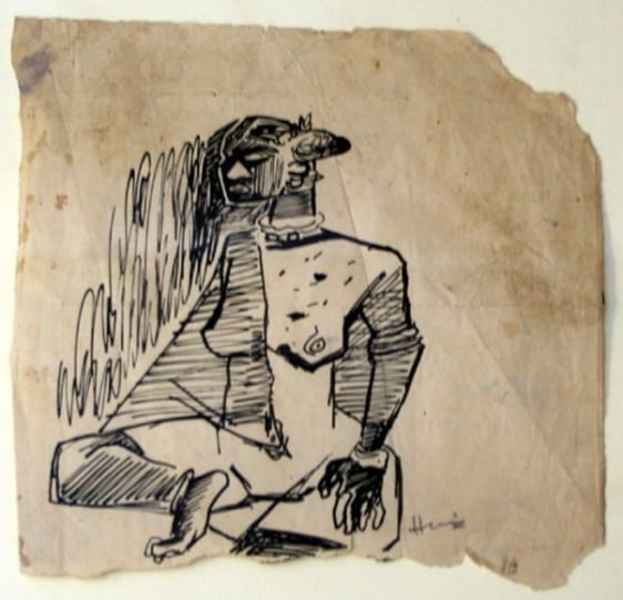 M. F. Husain SITTING FIGURE 1955 Ink on paper 6 x 6 in.
