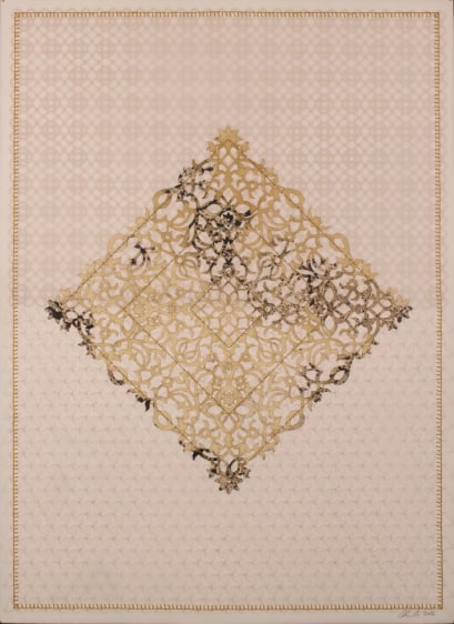 Anila Quayyum Agha Antique Lace 4 2016 Mixed media on paper (Laser-cut patterns on paper with mylar, encaustic and embroidery) 30 x 22 in.