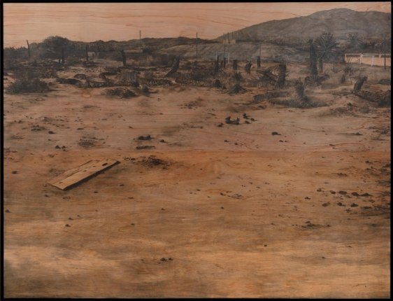 Saad Qureshi Brightness Breaks In Flames 2015 Charcoal, white chalk, graphite, Indian ink on gaboon plywood  64.6 x 84.3 x 2 in.