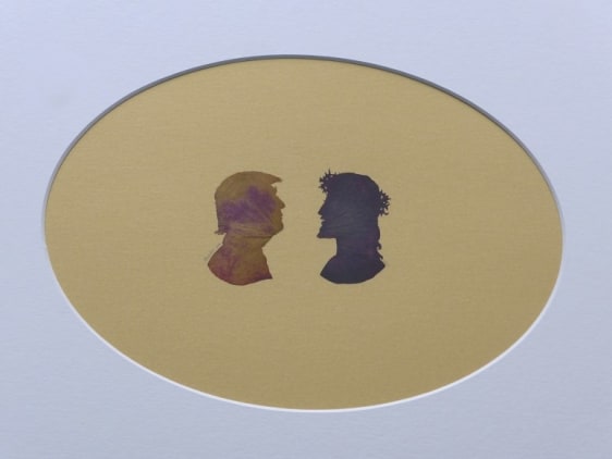 Abdullah M. I. Syed Rose Petal Portraits: Silhouettes 25-26 &ndash; Trump and Christ 2019 Hand-cut rose petals on archival metallic paper and clear acetate 12 x 16 in.