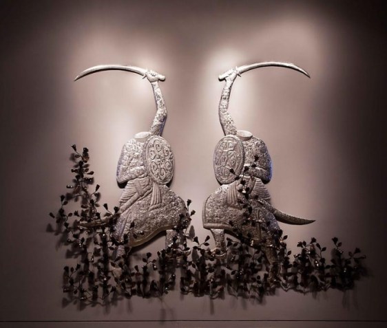 Adeela Suleman MUBARIZUN - NO MORE SERIES 3 2014 Hand-beaten stainless steel and iron 106 x 104 in.