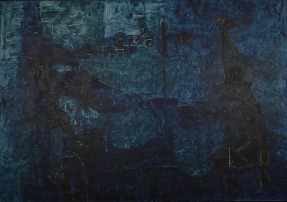Ram Kumar BLUE AND BLACK ABSTRACTION c. 1960s Oil on canvas 25 x 36 in.  NFS