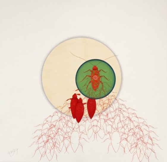 Tazeen Qayyum AVOID PROLONGED EXPOSURE 2008 Gouache on wasli 11 x 11 in. NFS