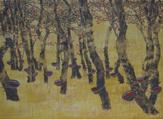 G.R Iranna Yellow Trees 2016 Acrylic on tarpaulin 48 x 66 in.