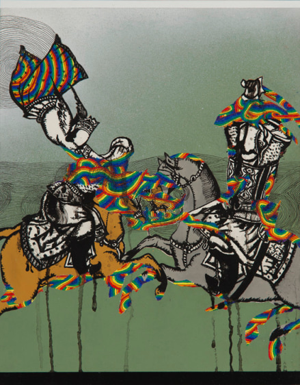 Saad Qureshi RESTRAIN 2013 Oil, spraypaint and wax pencil on paper 12.5 x 10 in.