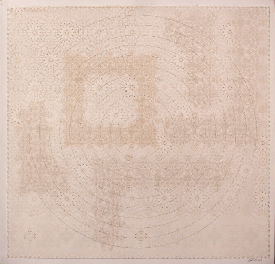 Anila Quayyum Agha  Shimmering Memories - 1 2016 Mixed media on paper (Laser-cut patterns on paper with mylar, embroidery and beads)  39.5 x 39.5 in.